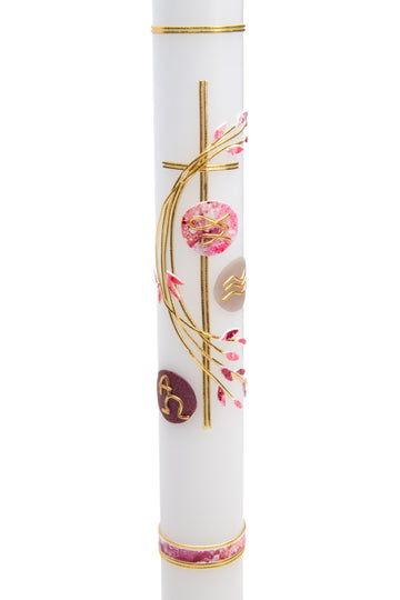 Taufkerze Kreuz mit Ranke und Symbolen pink/violett/gold