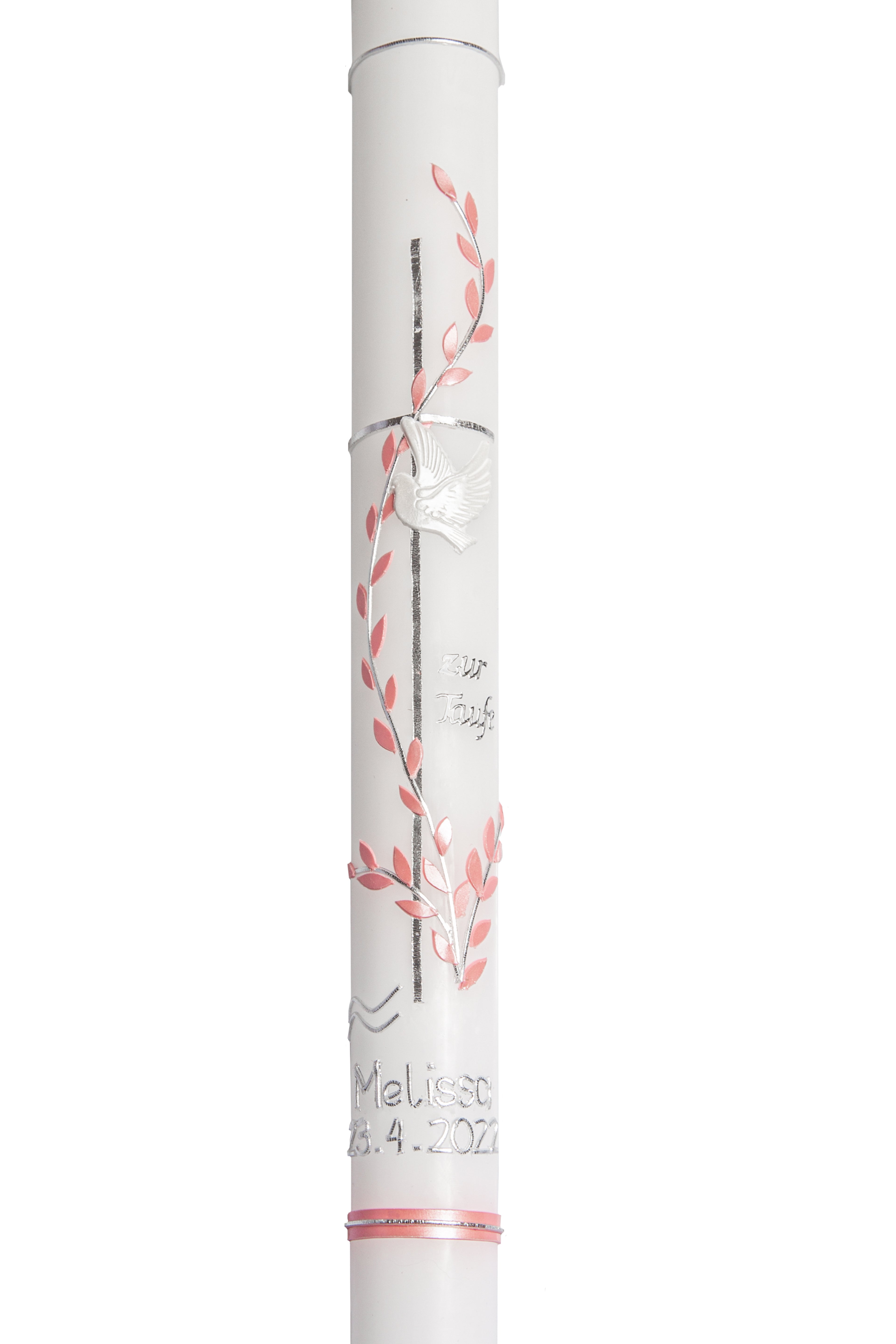 Taufkerze Kreuz und Blätterranke rosa