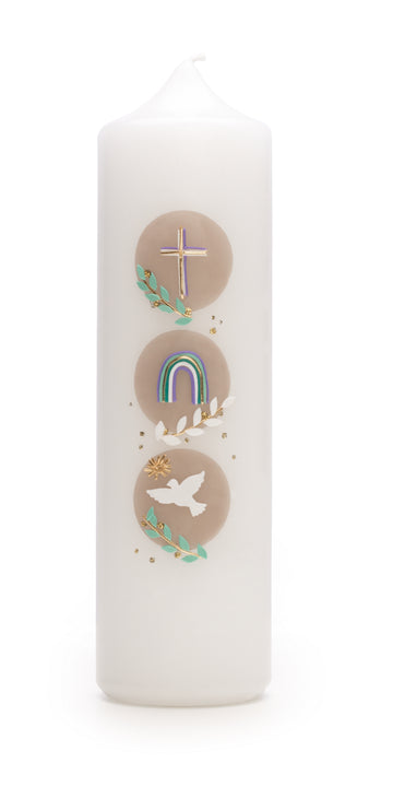 Taufkerze Stumpe mit Namen und Datum Regenbogen Taube und Kreuz 250/70mm