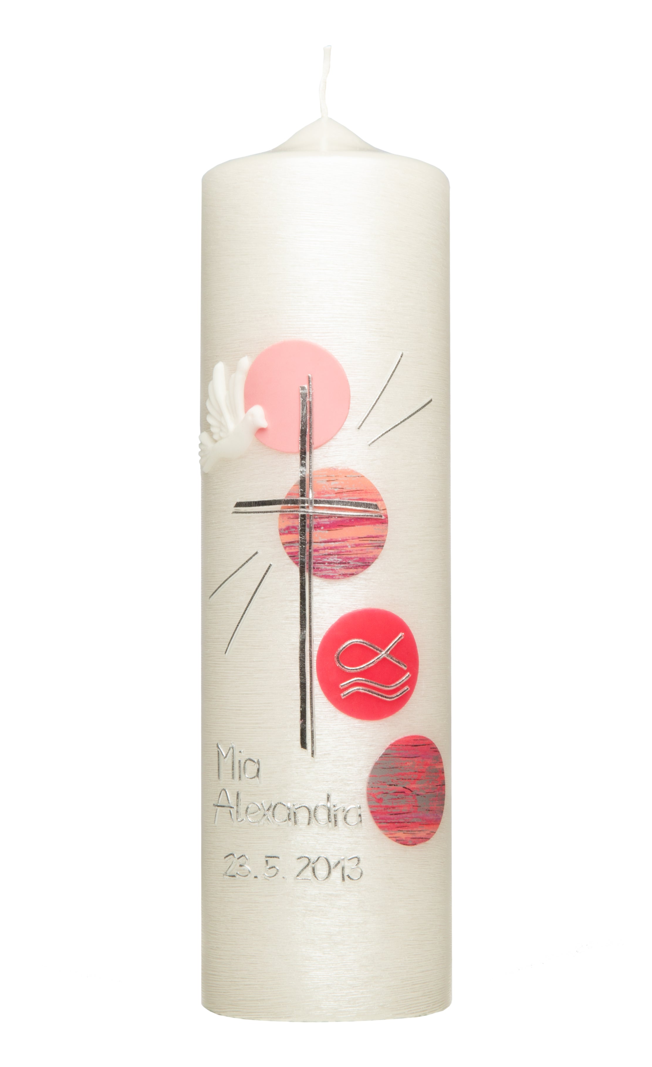 Taufkerze Kreuz bunte Kreise 250/70mm gebürstete Stumpenkerze