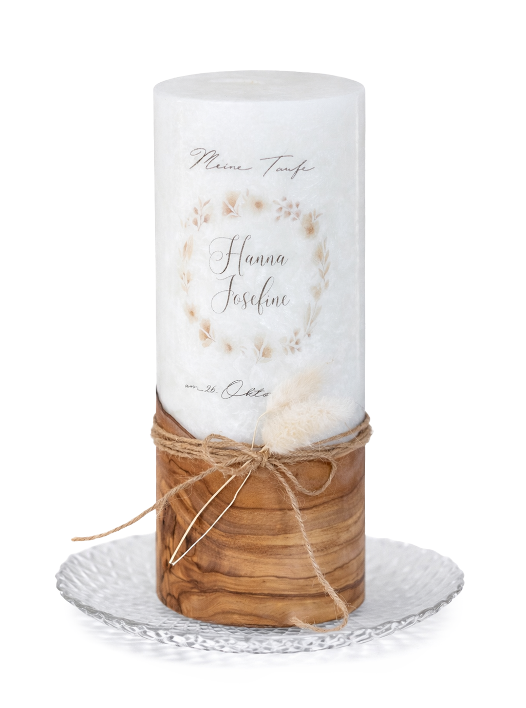 Taufkerze Blumenkranz beige Stearinstumpe mit Olivenholzfuß 20x8cm