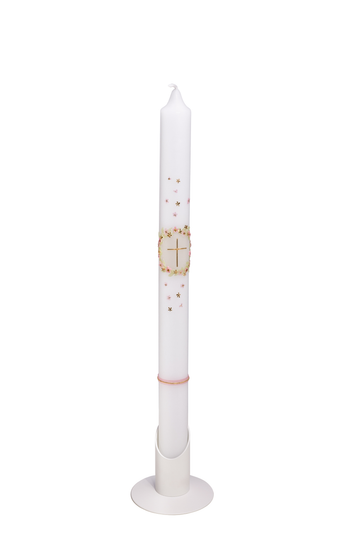 Taufkerze mit Blumenkranz und Kreuz - Handgemachtes Wachsdekor in Rosa und Grün