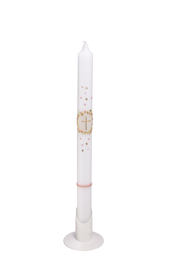 Taufkerze mit Blumenkranz und Kreuz - Handgemachtes Wachsdekor in Rosa und Grün