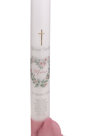 Taufkerze mit zartem Blütenherz und goldenem Kreuz - Individuell personalisierbar