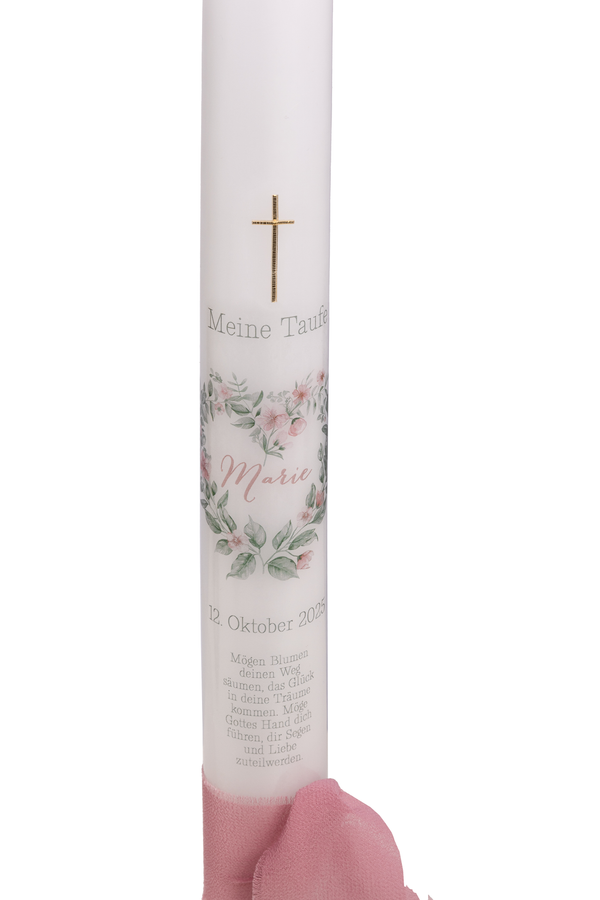 Taufkerze mit zartem Blütenherz und goldenem Kreuz - Individuell personalisierbar