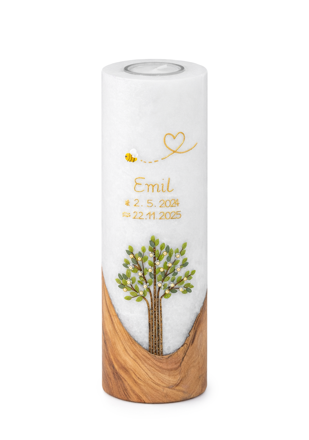 Taufkerze Lebensbaum mit Bienchen Goldschrift Stearinstumpe mit Olivenholzfuß Teelichteinsatz 25x8cm