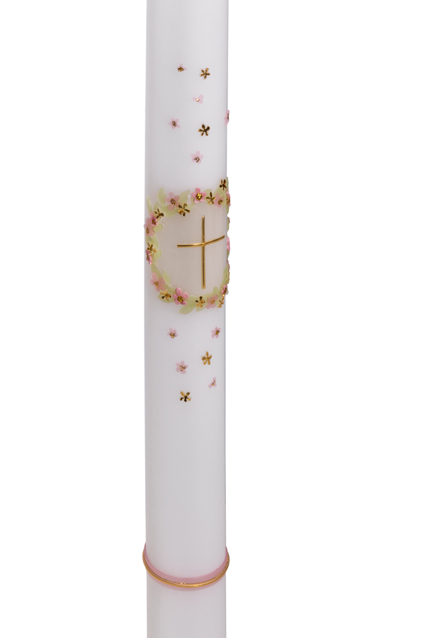 Taufkerze mit Blumenkranz und Kreuz - Handgemachtes Wachsdekor in Rosa und Grün