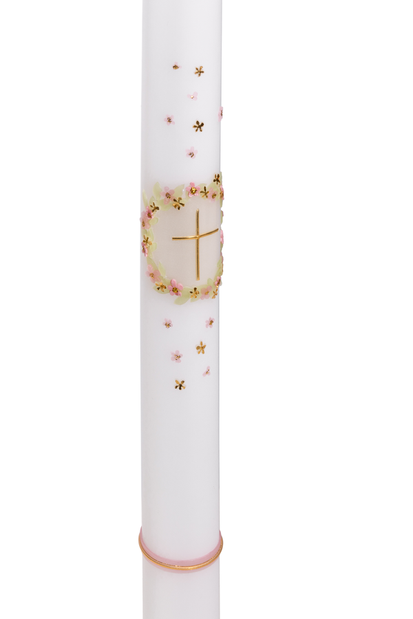 Taufkerze mit Blumenkranz und Kreuz - Handgemachtes Wachsdekor in Rosa und Grün