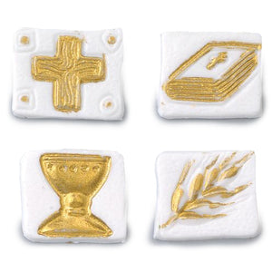 Wachsdekor Ähre Kelch Bibel Kreuz 20x20mm 4-teilig weiß gold