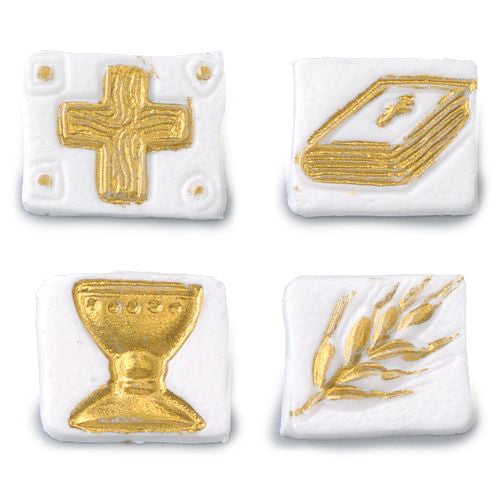 Wachsdekor Ähre Kelch Bibel Kreuz 20x20mm 4-teilig weiß gold