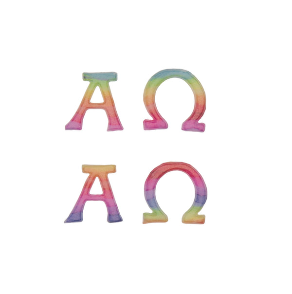 Wachsmotiv Alpha und Omega regenbogenfarben 40x20mm 2 Stück