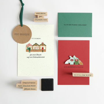 Stempelset mit Weihnachtsmarkt-Schriftzügen mit Stemelkissen 21-teilig