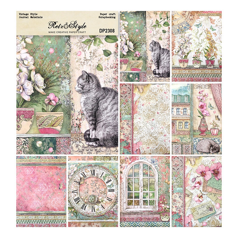 Scrapbookingpapier-Set Retro Style Katzen und Blumen 8 Designs einseitig bedruckt 210x145mm