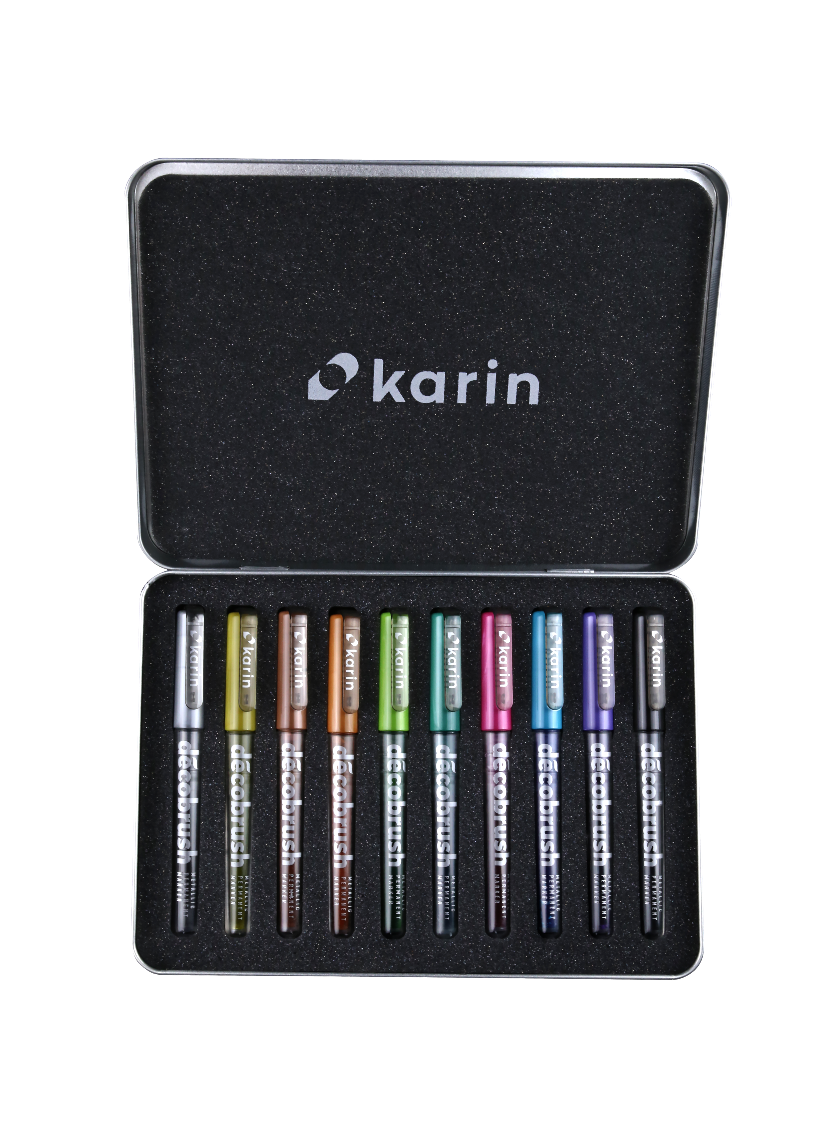 Karin Markers Decobrush Metallic Permanent Ink Set 10 Stifte in Metallbox 