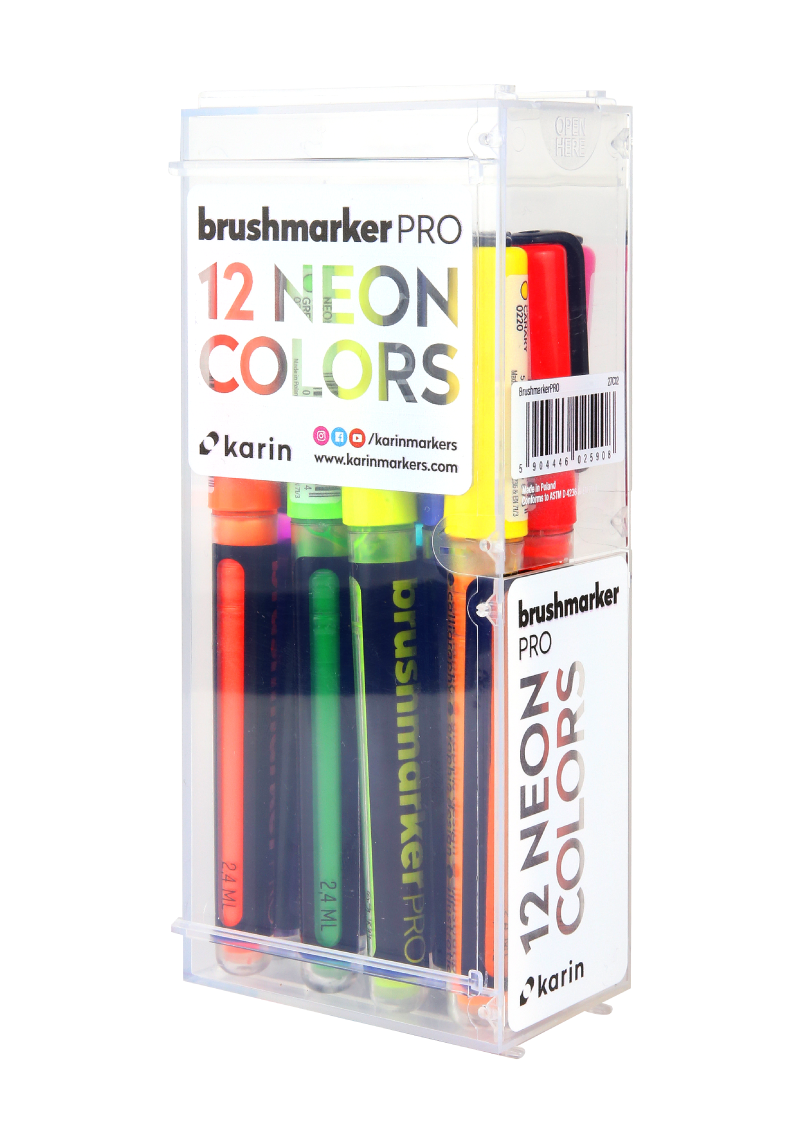  Karin Markers Brushmarker PRO NEON COLORS Set mit Nylon-Pinselspitze 12 Stifte 