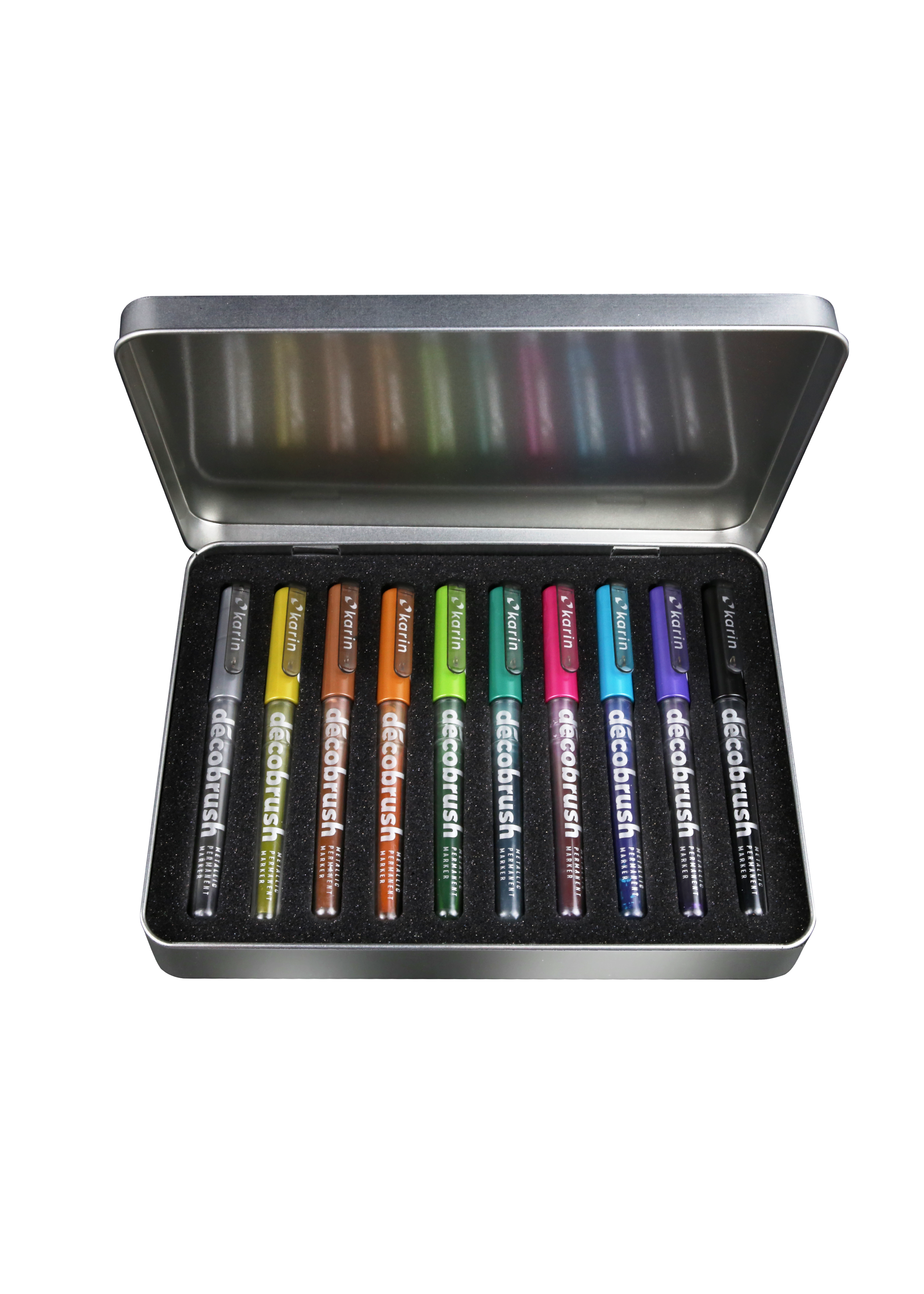 Karin Markers Decobrush Metallic Permanent Ink Set 10 Stifte in Metallbox 