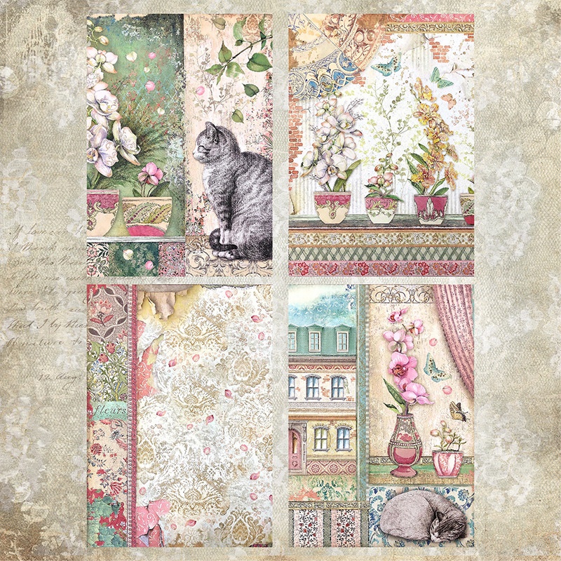 Scrapbookingpapier-Set Retro Style Katzen und Blumen 8 Designs einseitig bedruckt 210x145mm