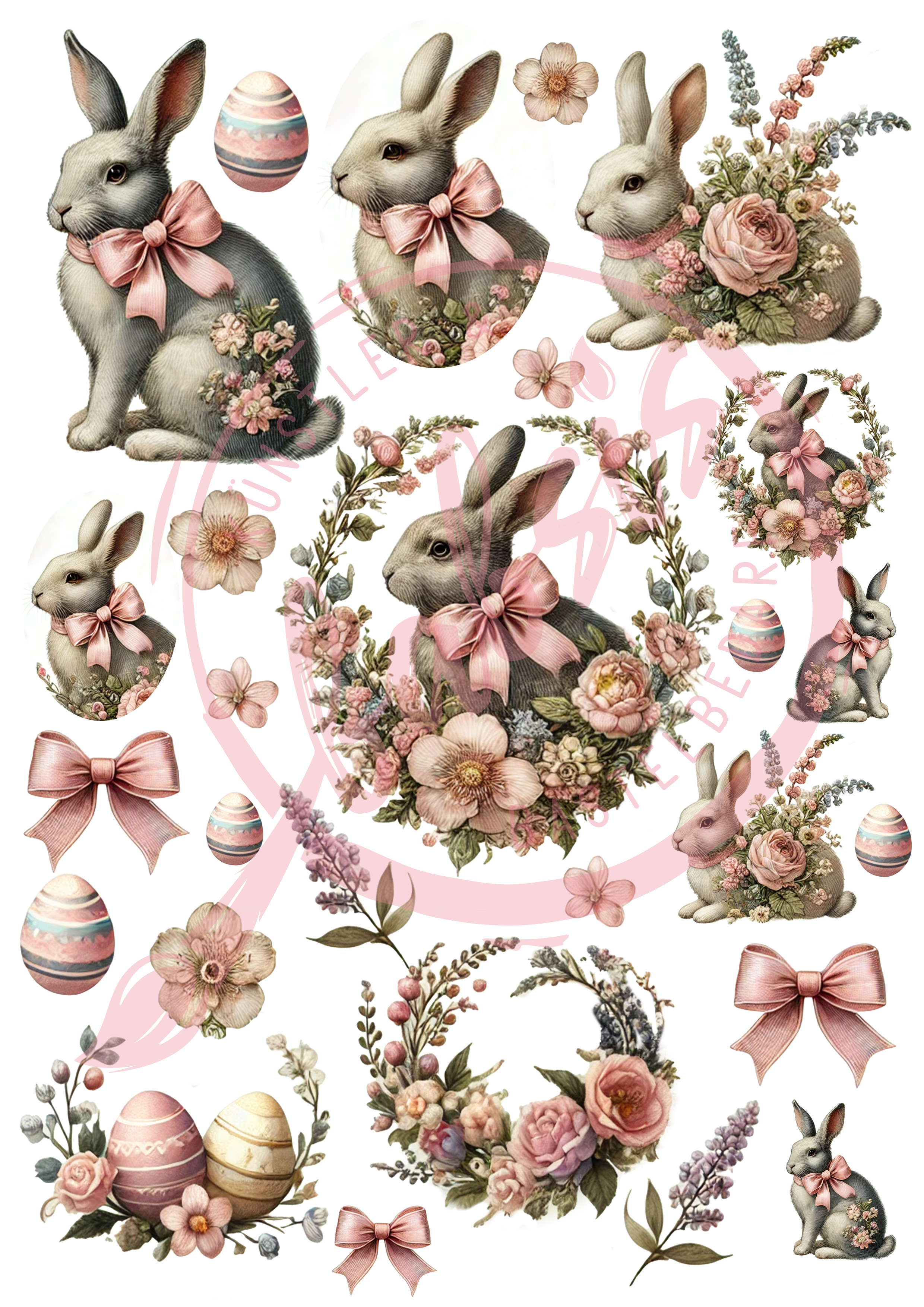 Decoupagepapier Vintage Osterhase mit Schleife & Blumen Motiv-Strohseide A4 1 Blatt 25-30g/m2