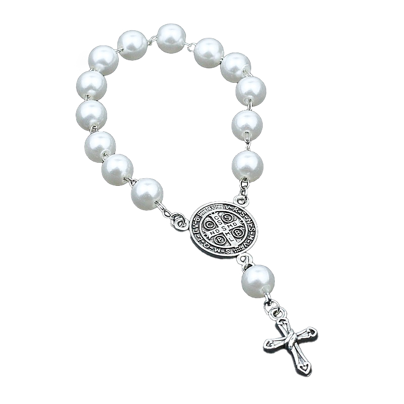 Rosenkranz silber mit Perlen Heiliger Benedikt 18cm