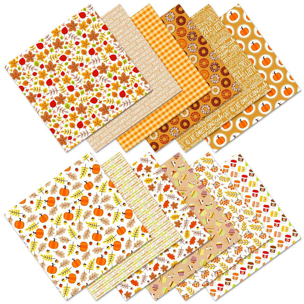 Scrapbooking Papier Set Herbst mit Kürbissen orange 12 Blatt 153x153mm