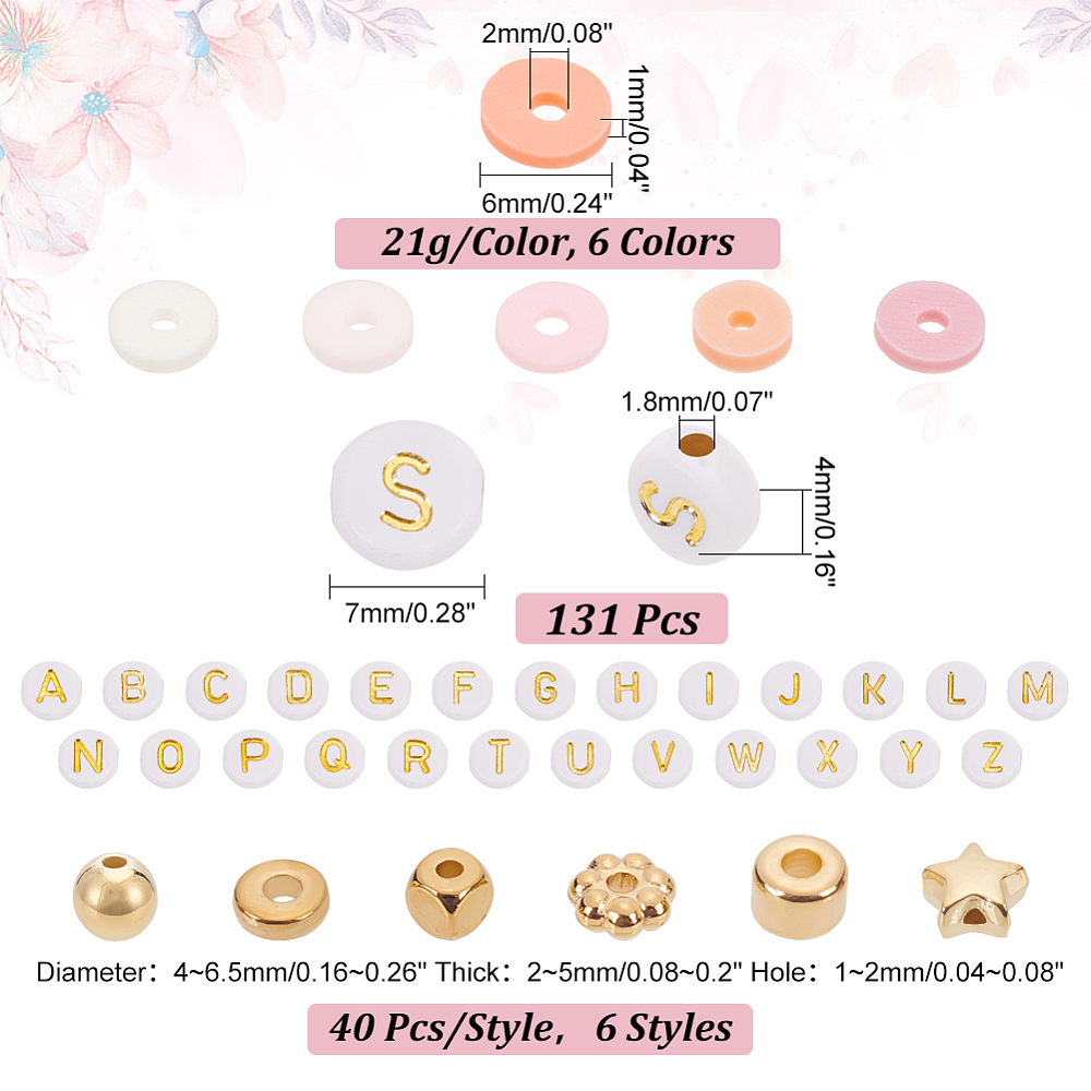 Polymer Clay Perlen Set mit Buchstaben- und goldenen Perlen rosa gold 