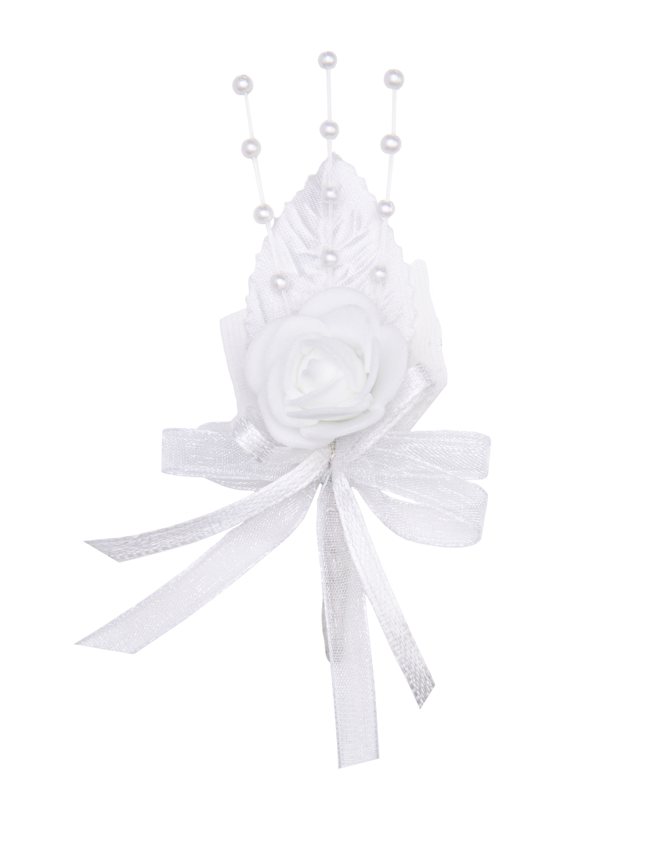 Gästeanstecker für Hochzeiten White-Wedding Blatt und Rose mit Schleife 10x5cm