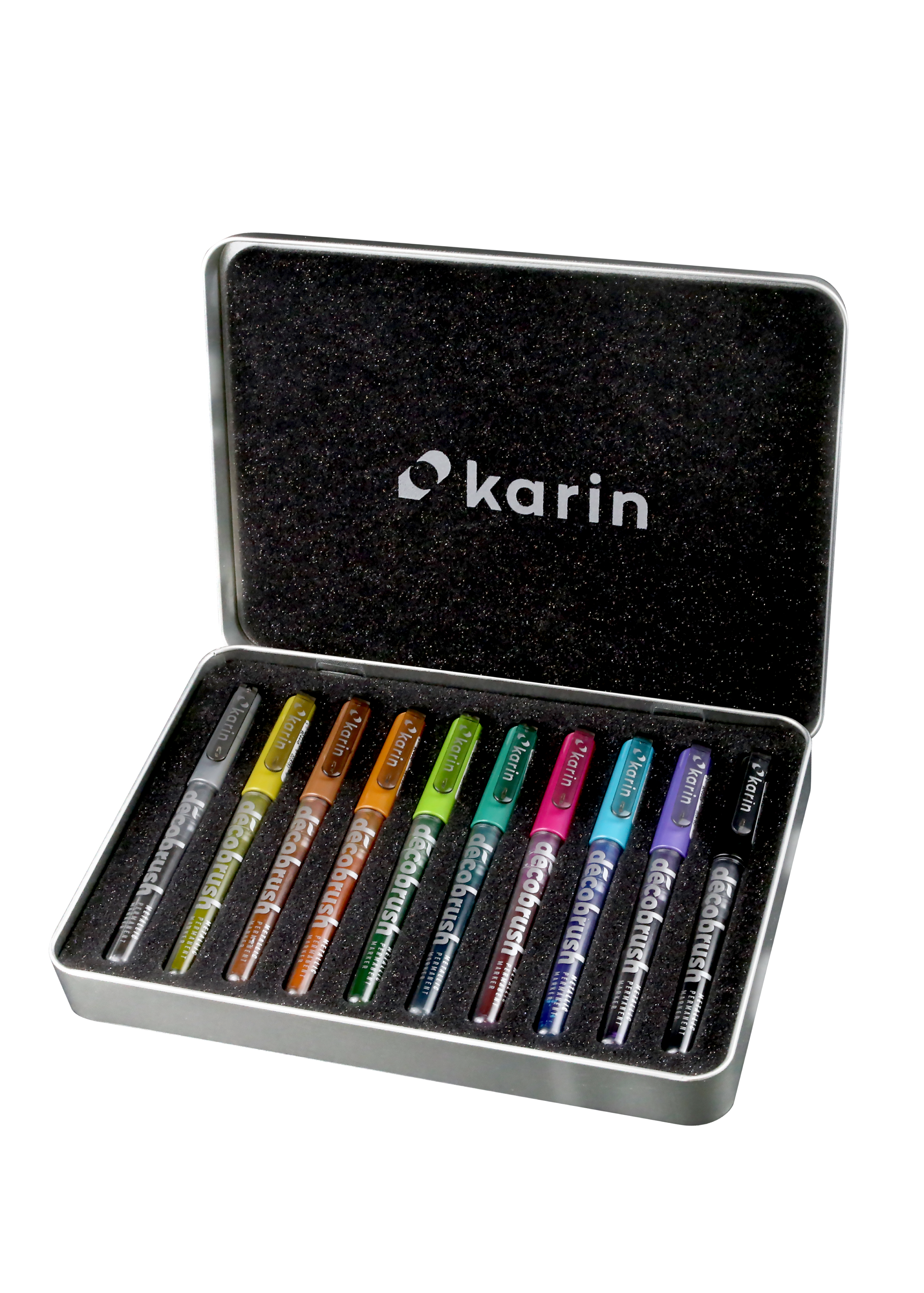 Karin Markers Decobrush Metallic Permanent Ink Set 10 Stifte in Metallbox 