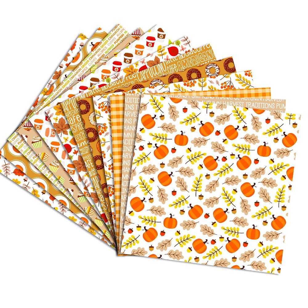 Scrapbooking Papier Set Herbst mit Kürbissen orange 12 Blatt 153x153mm