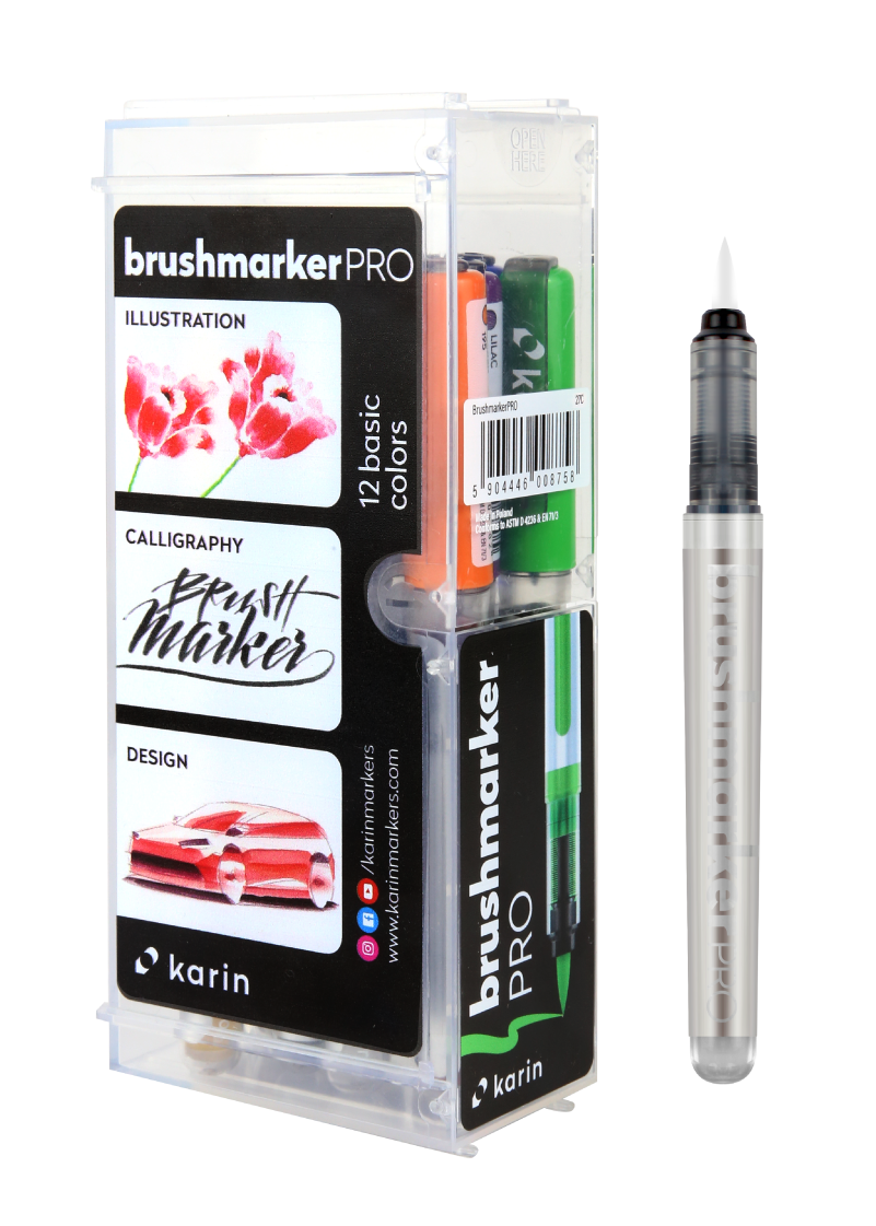  Karin Markers Brushmarker PRO BASIC COLORS+ Blender Set mit Nylon-Pinselspitze 12 Stifte 