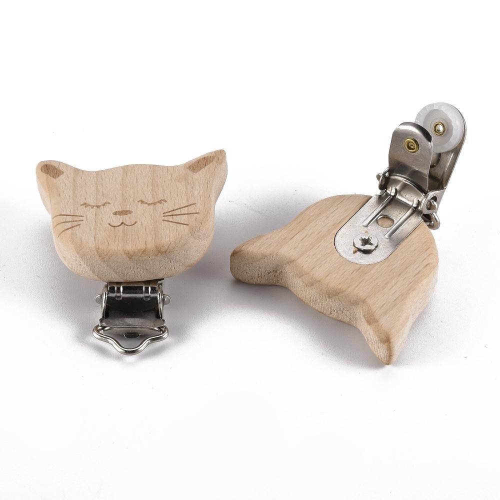 Schnullerclip Katze aus Holz 48x44x18mm