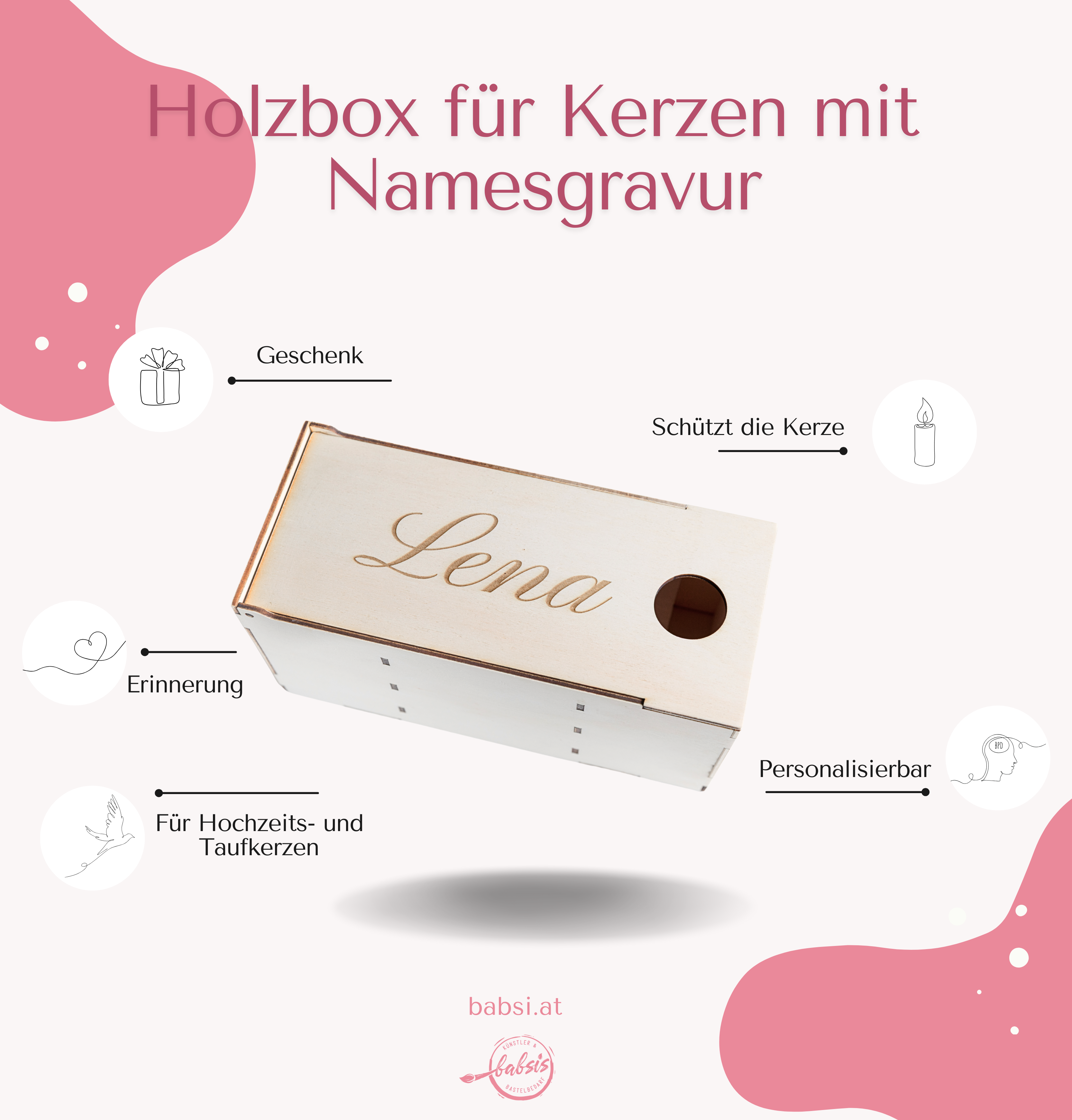 Holzbox für Kerzen personalisierbar für Taufkerze 40cm